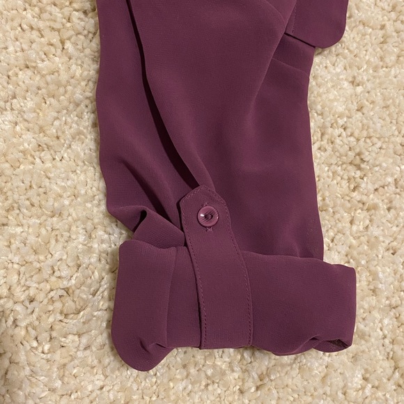 PURPLE LONG SLEEVE COLLARED VNECK MESH SEE THROUGH BLOUSE BUTTON ROLL UP CUFFS - Picture 7 of 13